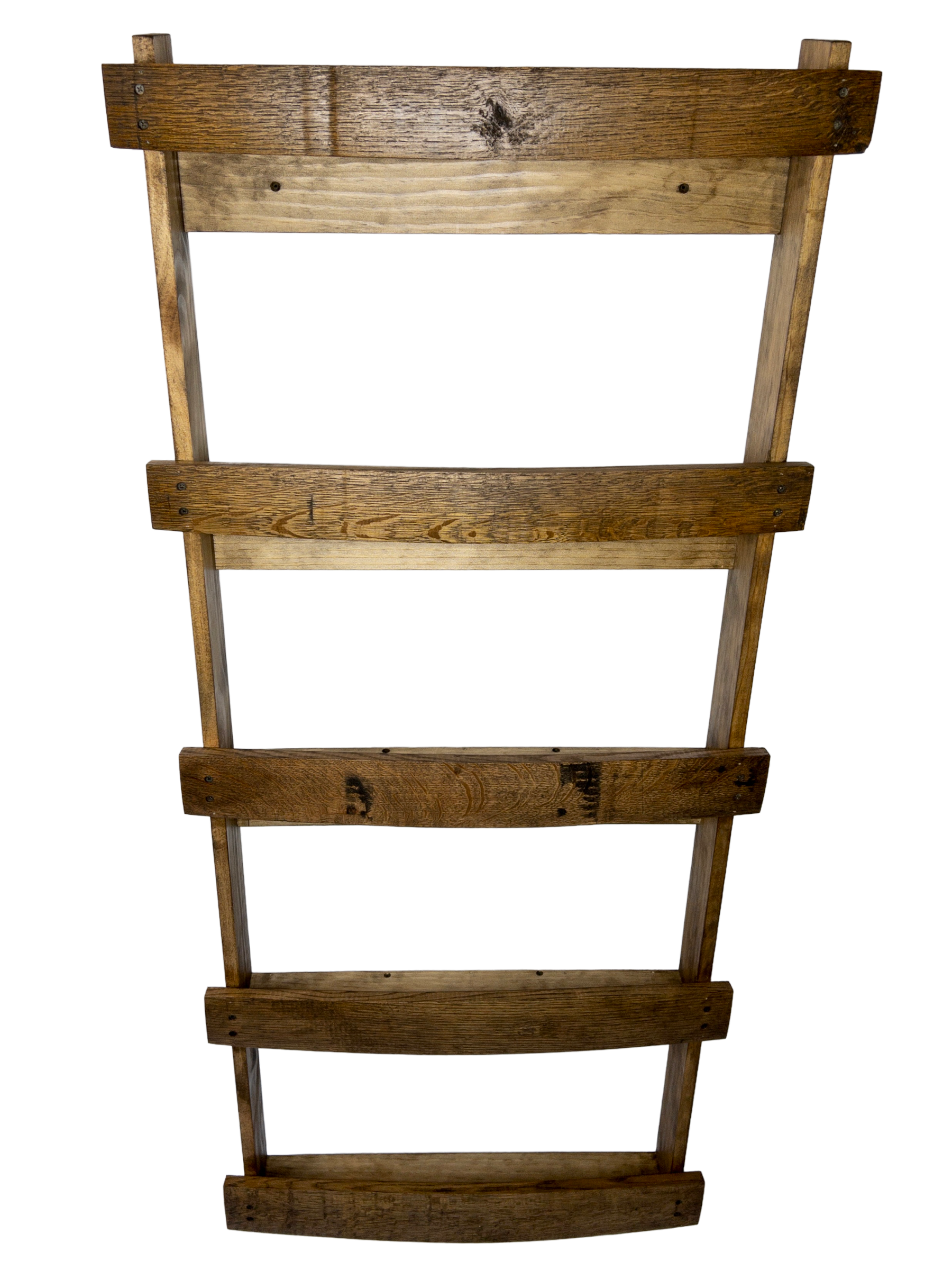 Dark Walnut 5 tier wooden bourbon whiskey barrel stave shelf top angled